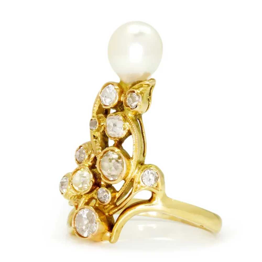 Vintage Pearl Ring with Old Mine Cut Diamonds 18K… - image 2