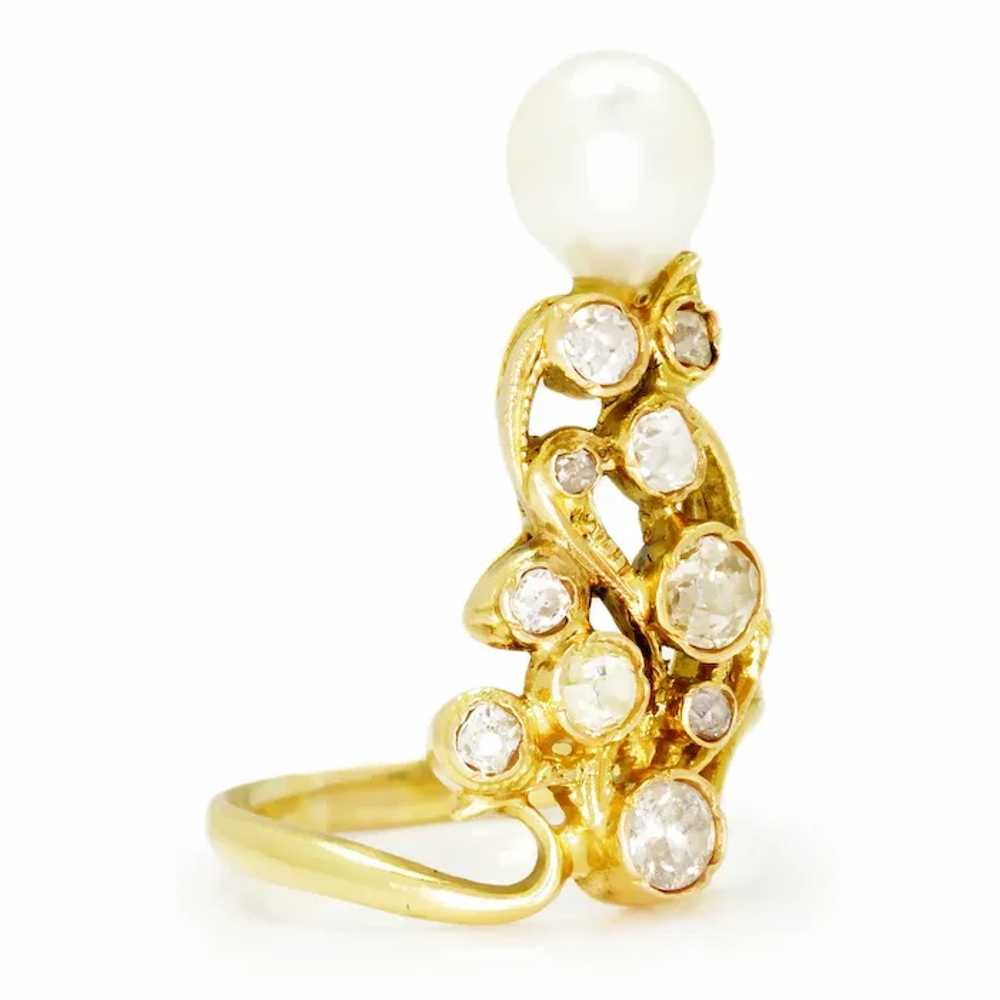 Vintage Pearl Ring with Old Mine Cut Diamonds 18K… - image 3