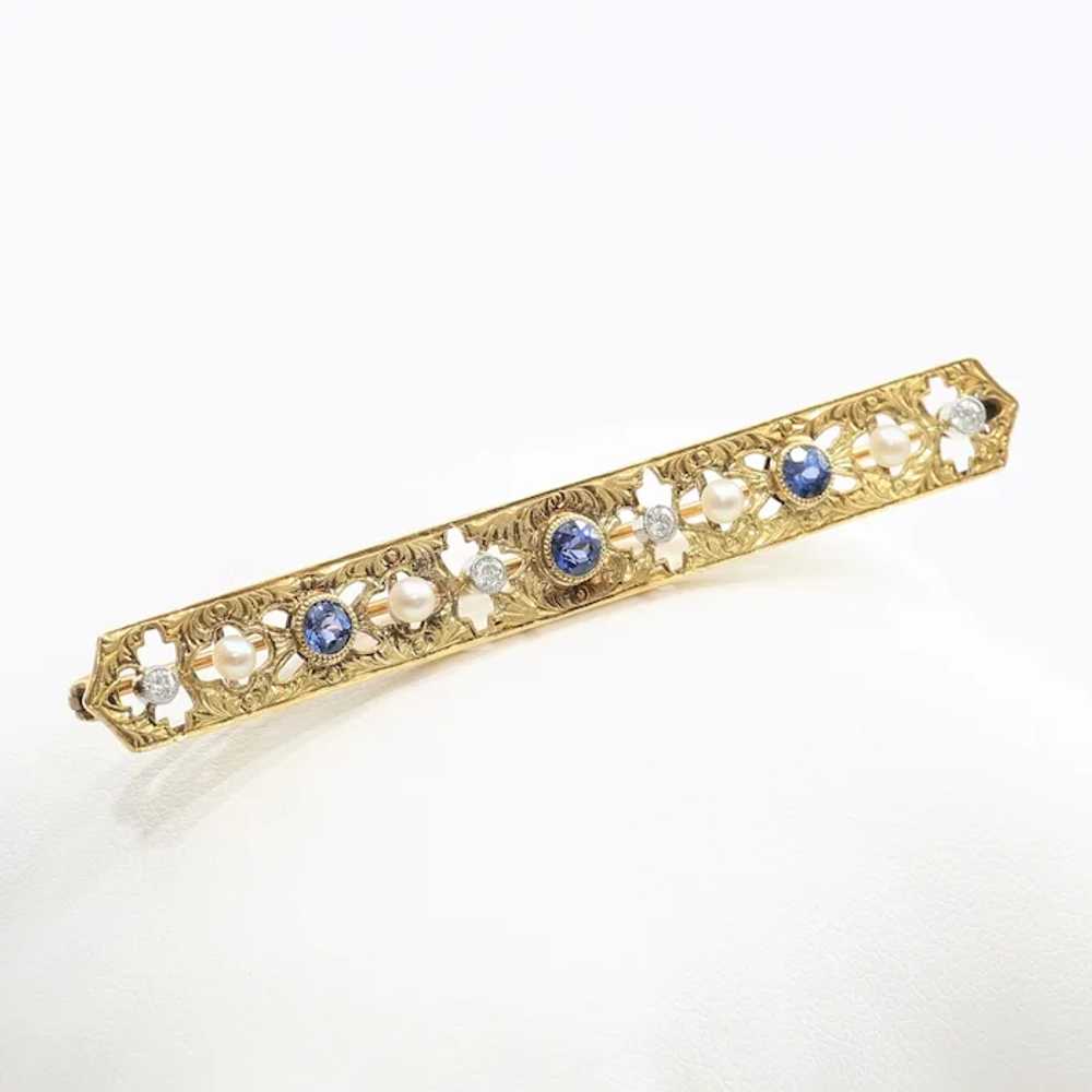 Antique Circa 1915 14K Sapphire, Pearl & Diamond … - image 2