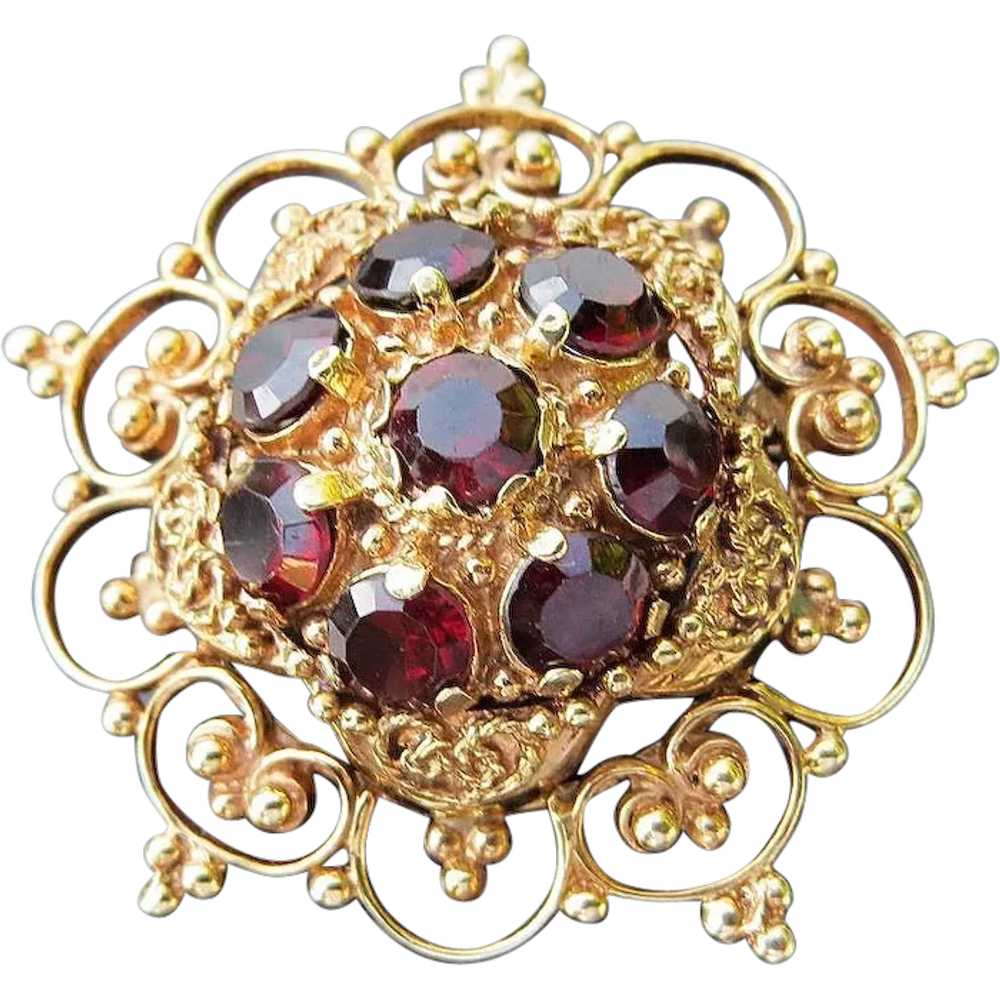 Ladys Vintage 14K Ornate Garnet Brooch / Pendant - image 1