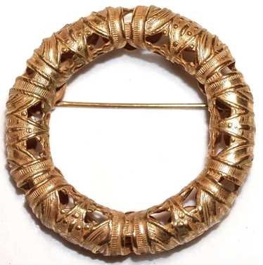 MIRIAM HASKELL  Ormolu Gold Wash Circle Pin - Sign