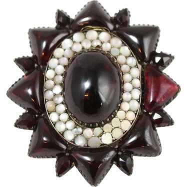 Fine Vintage Garnet Mother of Pearl Floral Brooch - image 1