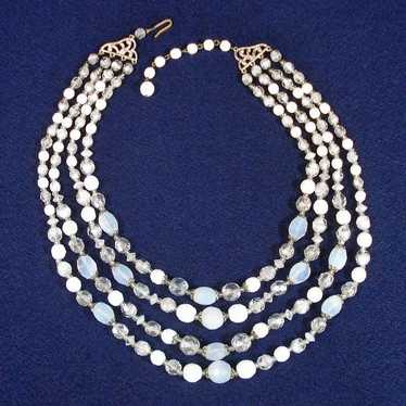 Four Strand 1950s Glass Bead Necklace Clear White 