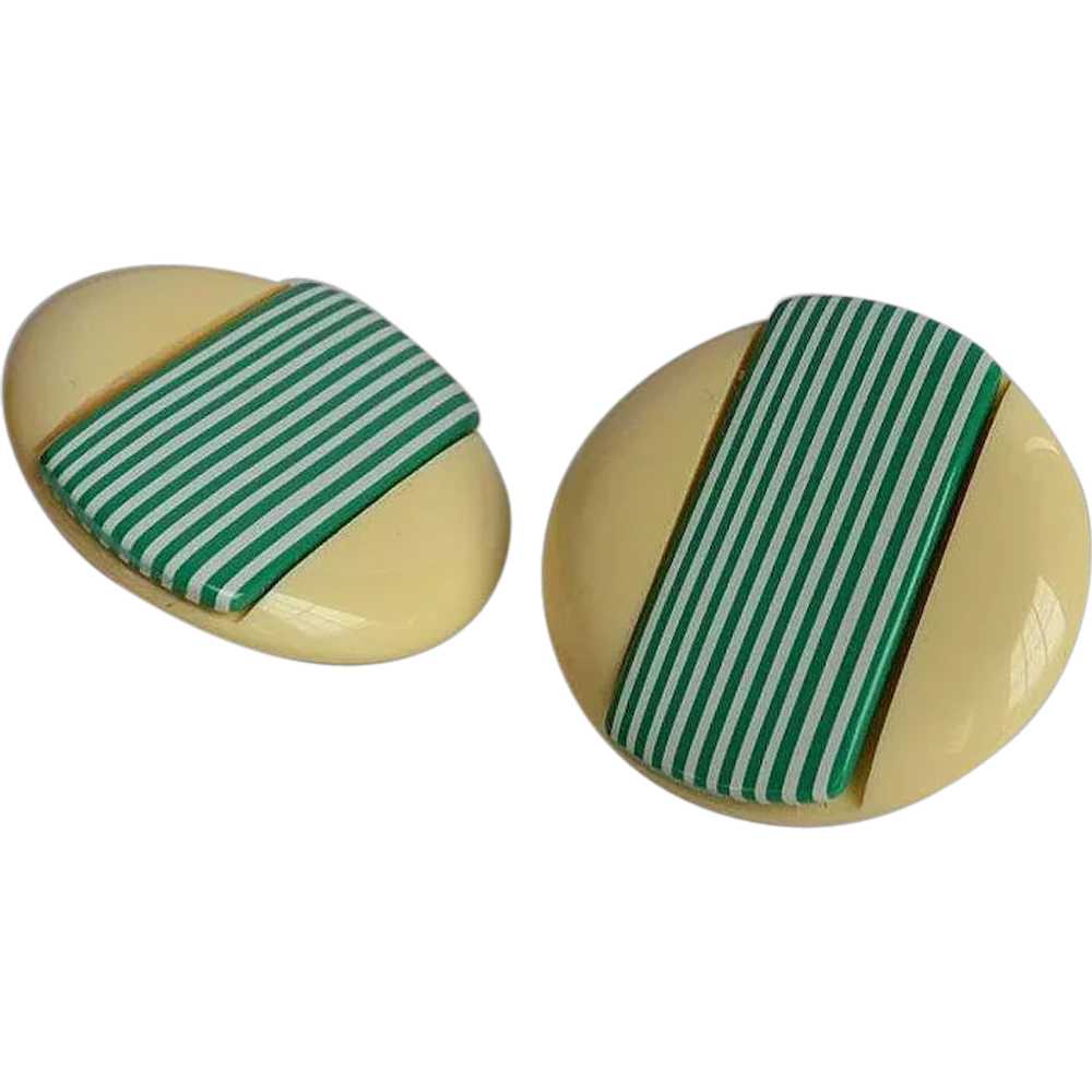 Large Vintage 50's cream striped green & white Lu… - image 1