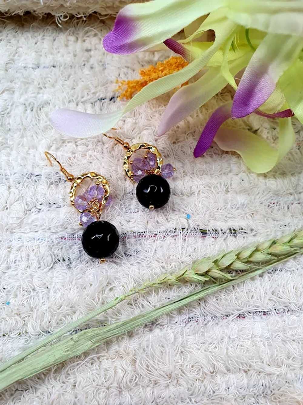 Lilac and black dangle earrings - Two color facet… - image 4