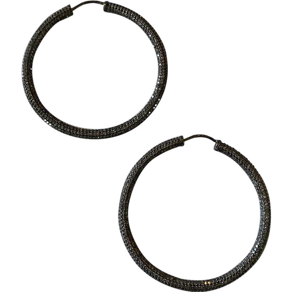 Blackened Sterling Silver Pave Diamond Hoop Earri… - image 1
