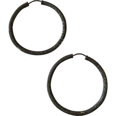 Blackened Sterling Silver Pave Diamond Hoop Earri… - image 1