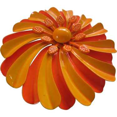 Large 1960's Enamel Flower Pin - Orange and Tange… - image 1