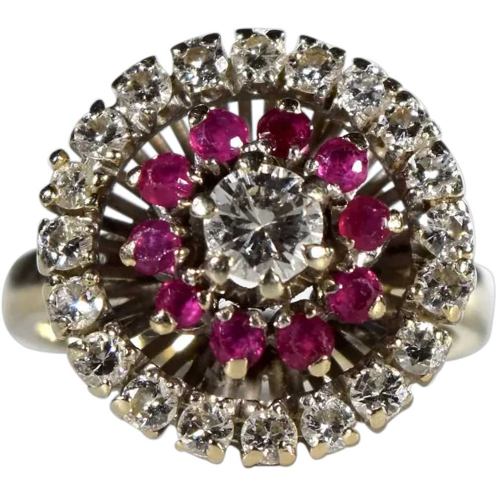 18k White Gold Diamond and Ruby Cluster Ring - image 1