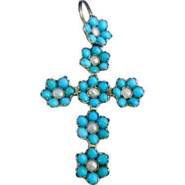 Turquoise and Natural Pearl Cross, Victorian