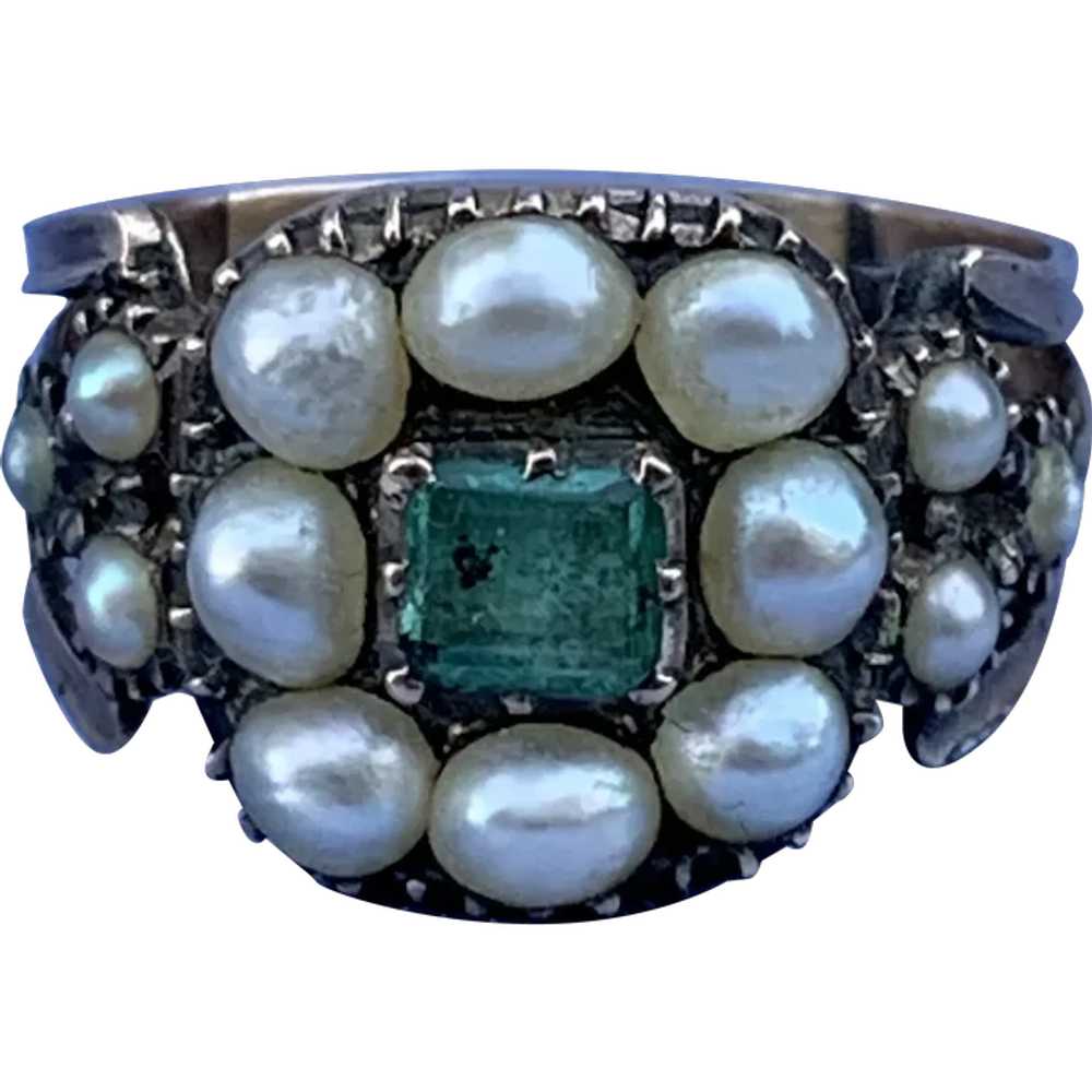 Emerald and Natural Pearl Ring, Georgian - image 1