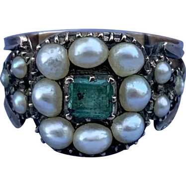 Emerald and Natural Pearl Ring, Georgian - image 1