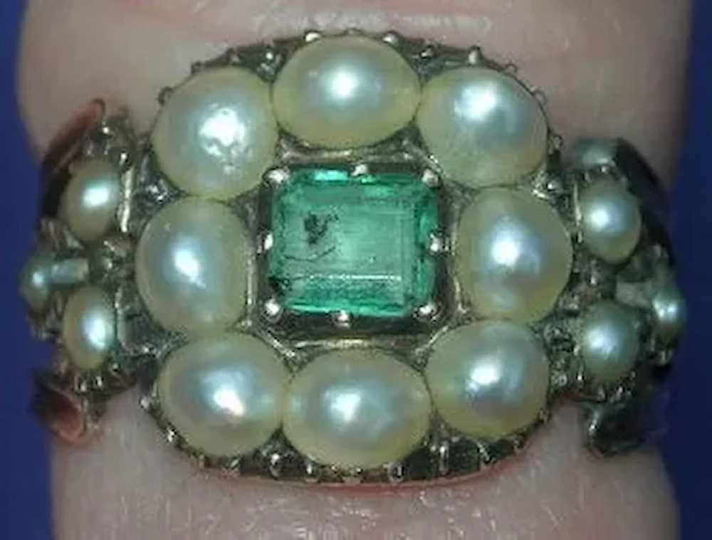Emerald and Natural Pearl Ring, Georgian - image 2