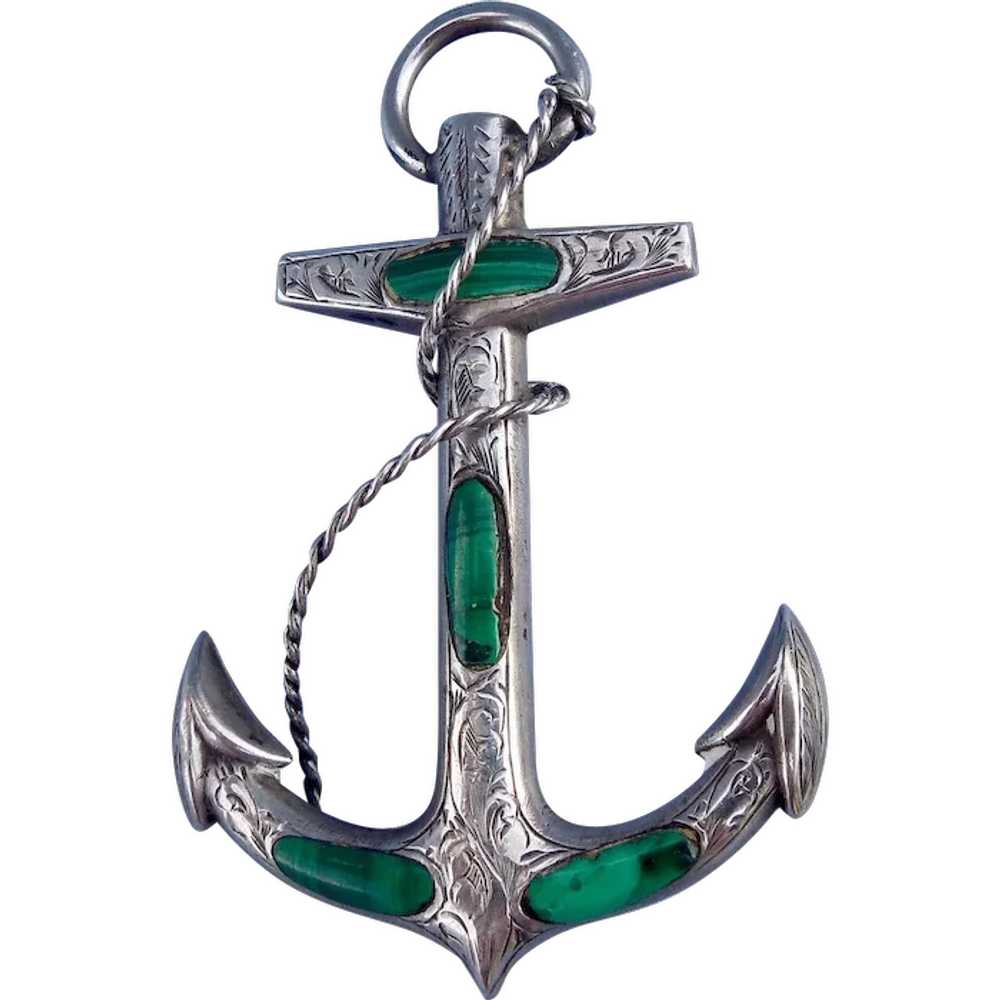 Antique style sterling silver scottish agate malachite naval anchor hot brooch pin