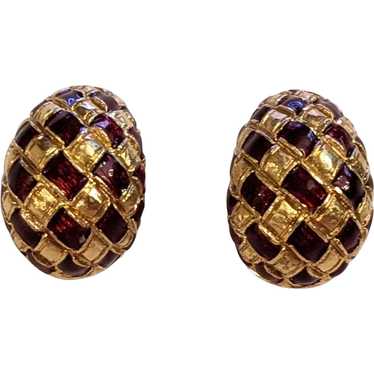 Vintage 18k Yellow Gold And Red Enamel Earrings - image 1
