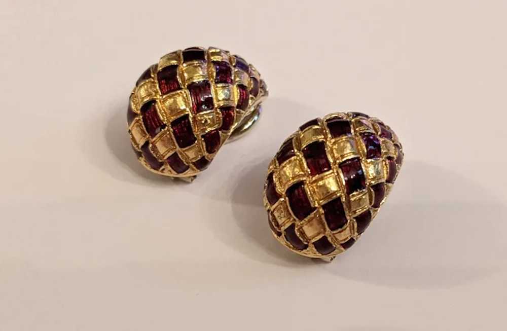 Vintage 18k Yellow Gold And Red Enamel Earrings - image 2