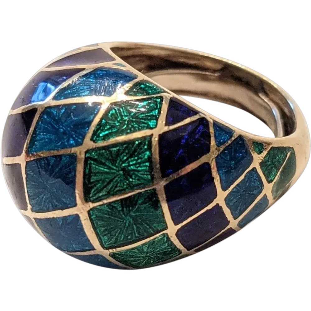 Vintage Blue  And Green Enamel Dome Ring - image 1
