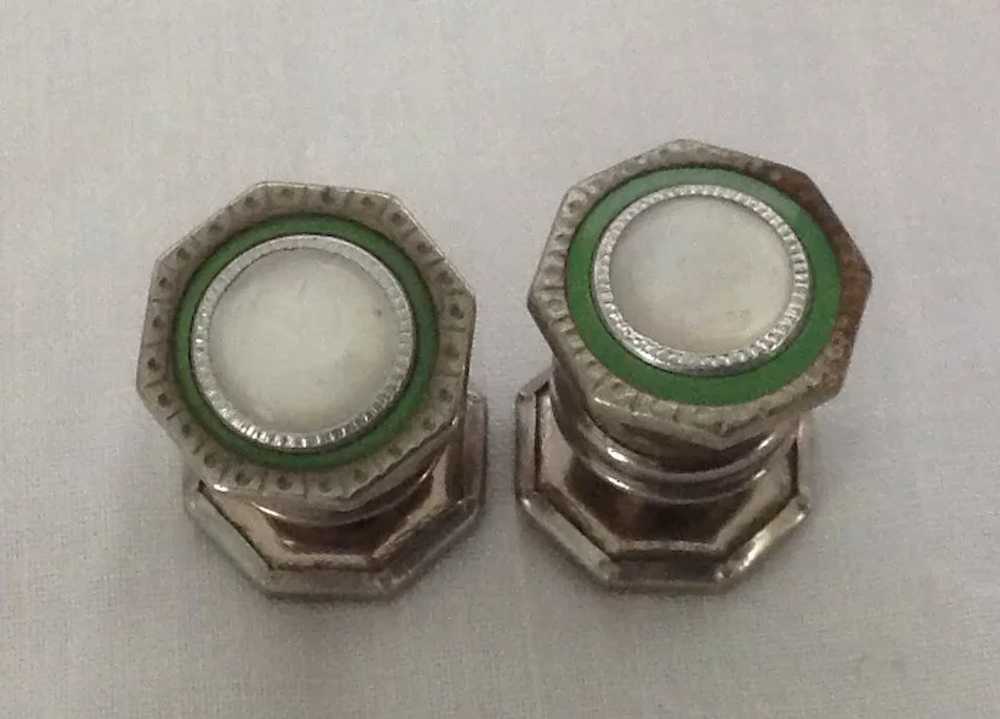 Snap Link Green Enamel and Mother of Pearl cuff l… - image 2