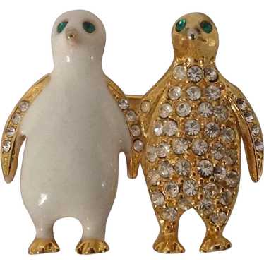 Charming twin gold tone penguins in glittering rh… - image 1