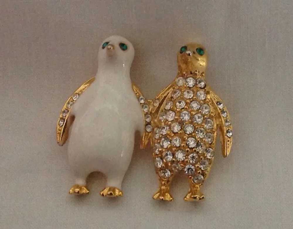 Charming twin gold tone penguins in glittering rh… - image 4