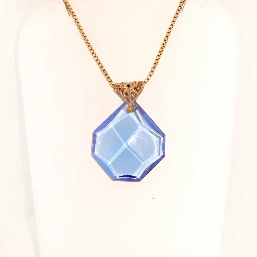 Art Deco Sapphire Blue Octagon Pendant on Gold Fi… - image 2