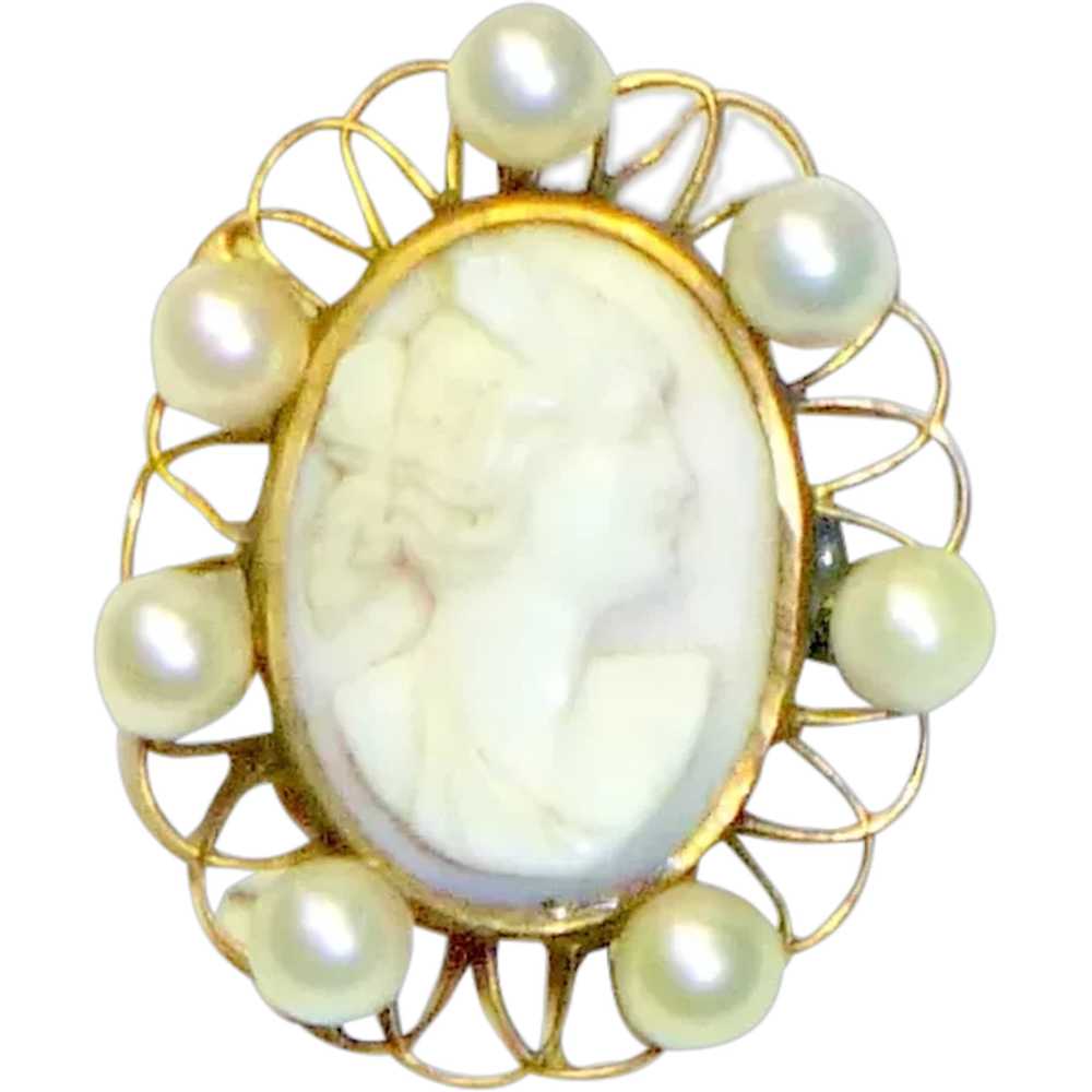 Vintage Conch Shell & Cultured Pearl Cameo Brooch - image 1