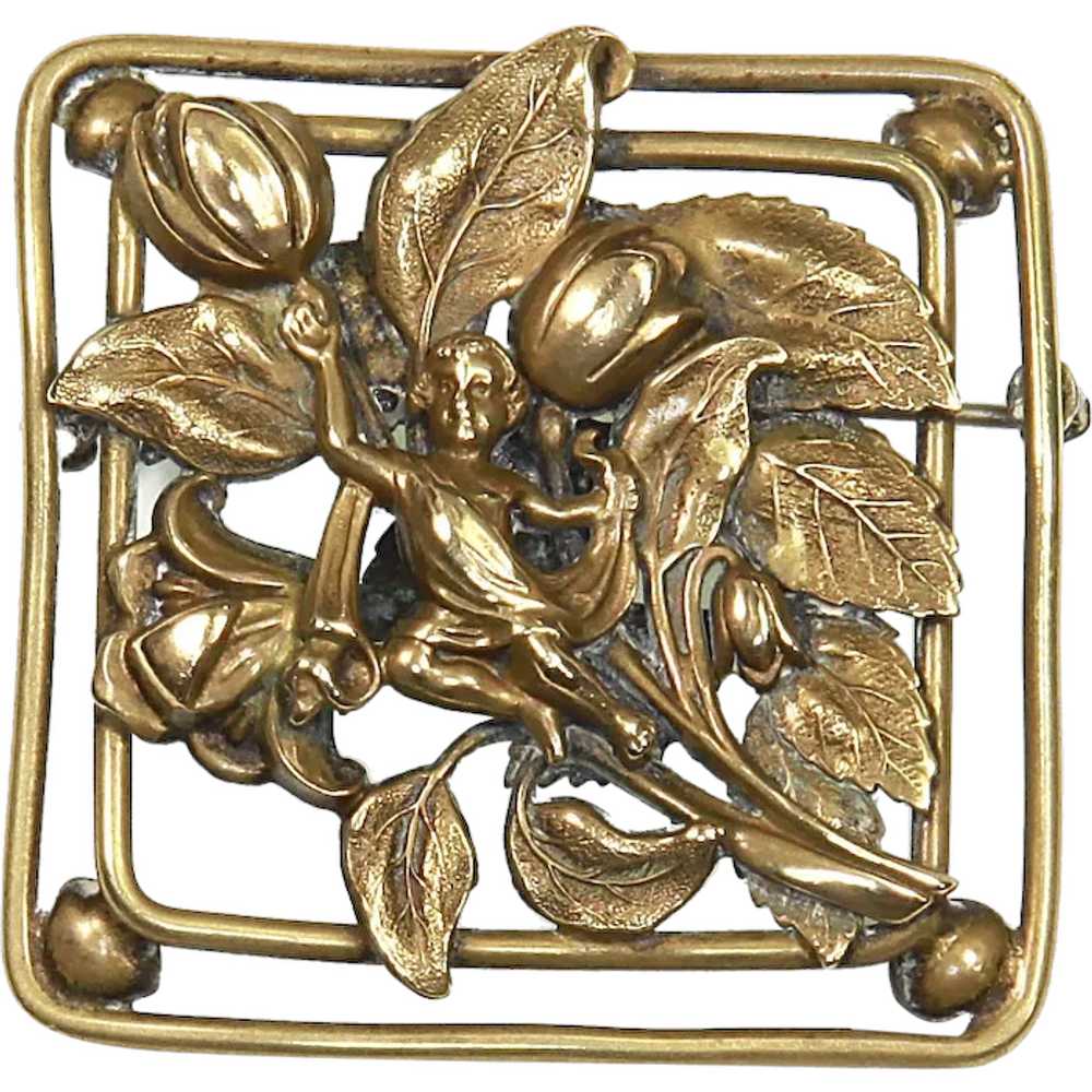 Art Nouveau Repoussé Brass Dimensional Brooch – C… - image 1