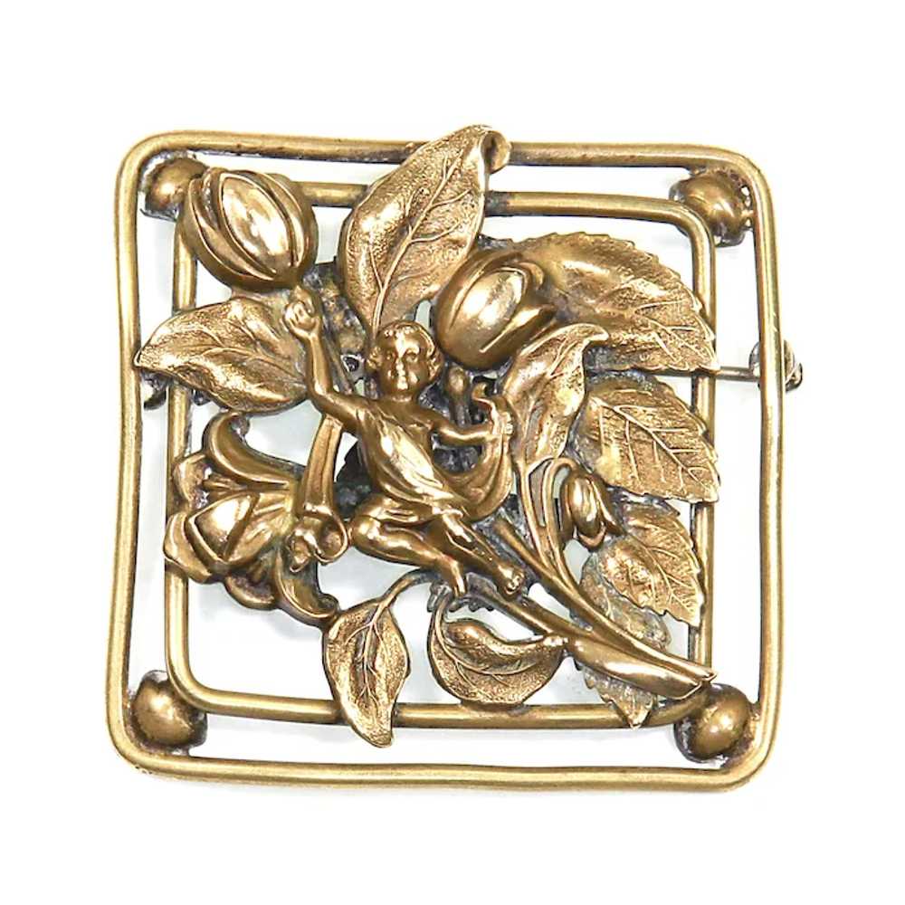 Art Nouveau Repoussé Brass Dimensional Brooch – C… - image 2