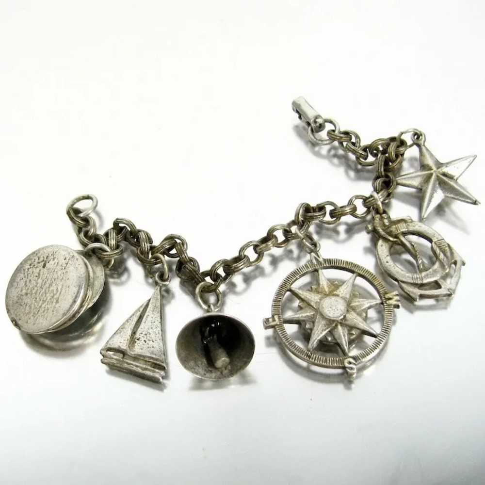 Vintage CORO HTF Nautical Charm Bracelet Silver T… - image 2