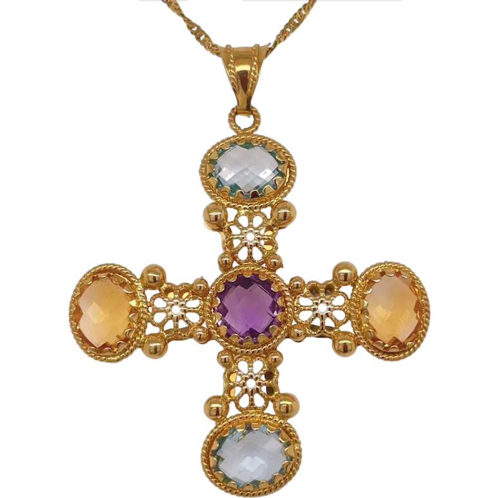 18K Yellow Gold Maltese Cross Multi-Stone Pendant… - image 1