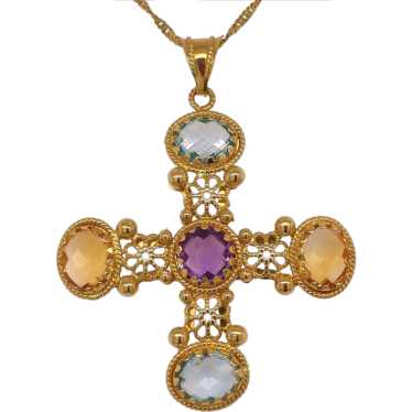 18K Yellow Gold Maltese Cross Multi-Stone Pendant… - image 1