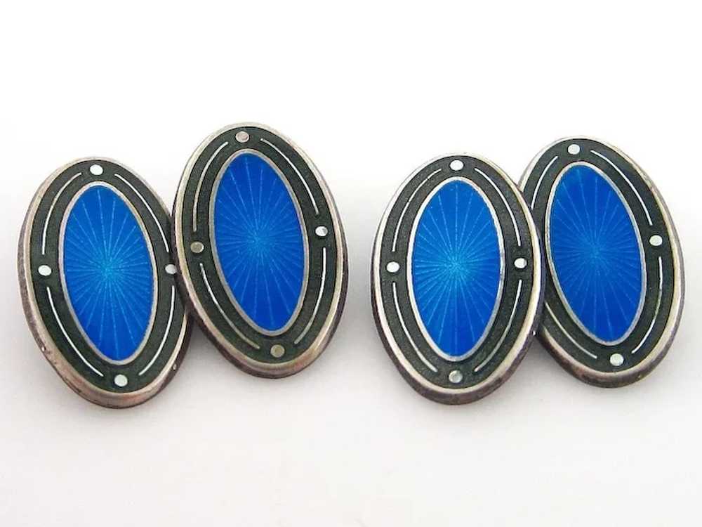 Deco Sterling Silver Enamel Guilloche Cufflinks B… - image 1