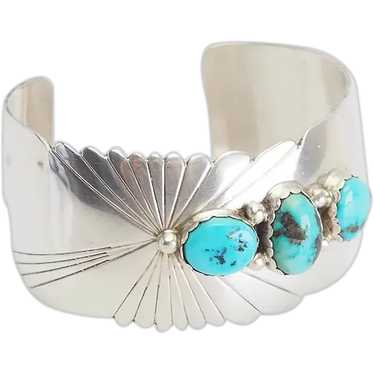 Gorgeous wide sterling silver turquoise signed Nat