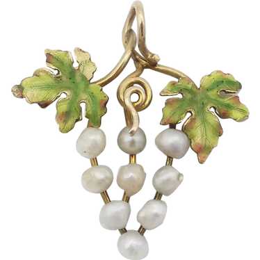 Antique Victorian 14K Gold Enamel & Pearl Grapes … - image 1