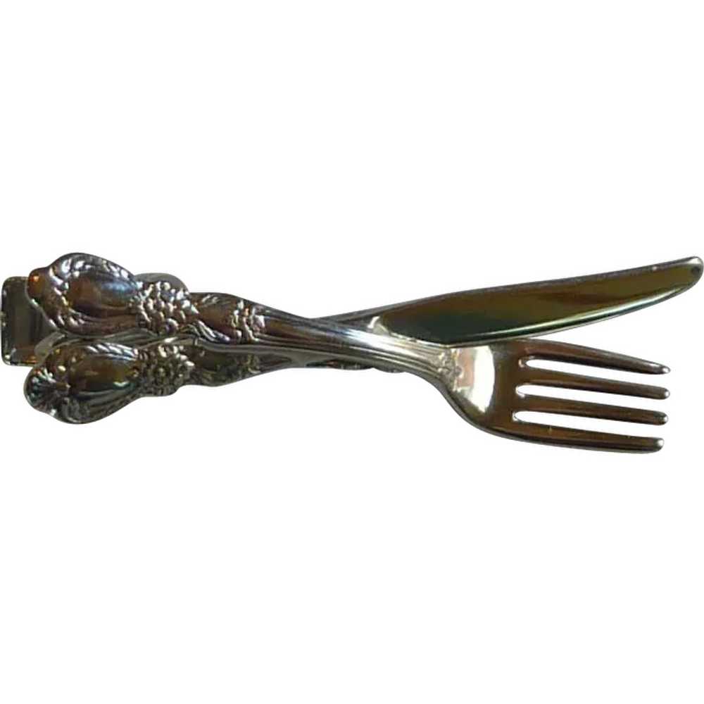 Fork and Knife Silver Tone Tie Bar - image 1