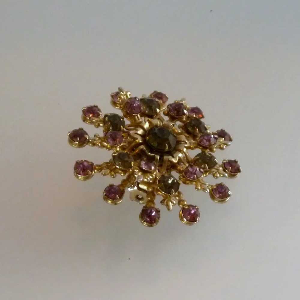 Small Pink and Green Gold Tone Pin Brooch - image 2