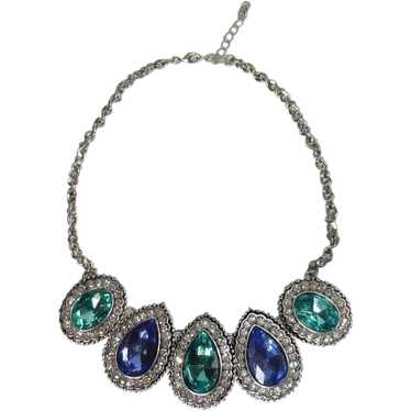 Silver Tone Choker with Blue and Aqua Glass Neckl… - image 1