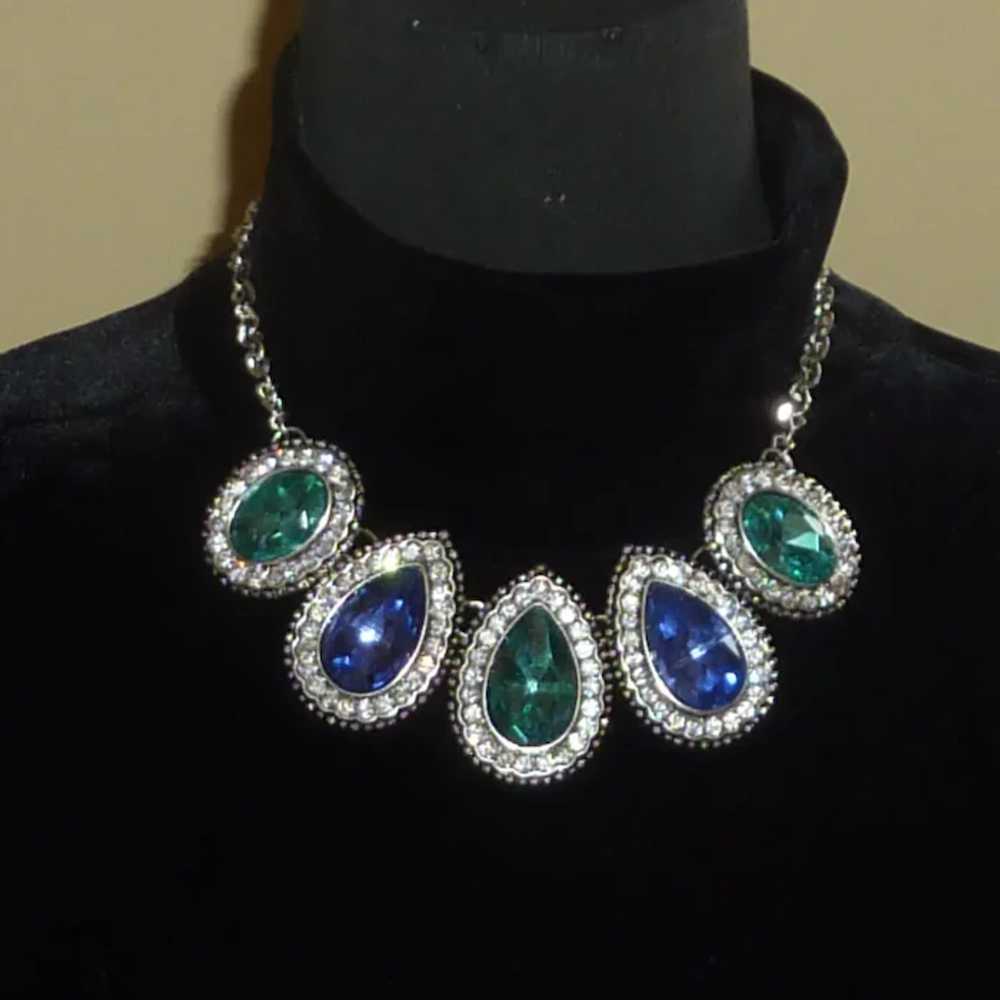 Silver Tone Choker with Blue and Aqua Glass Neckl… - image 2