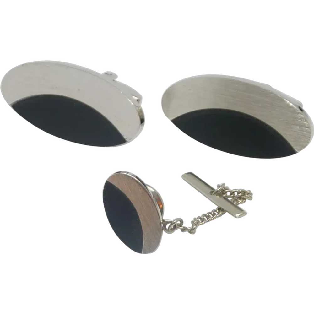 Foster Black and Silver Tone Oval Cufflinks Cuff … - image 1