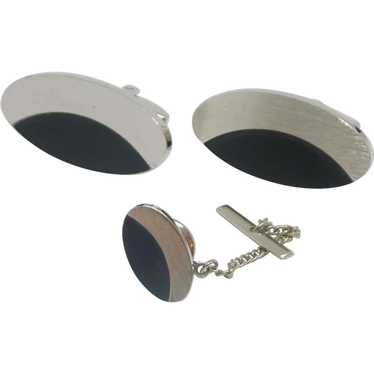 Foster Black and Silver Tone Oval Cufflinks Cuff … - image 1