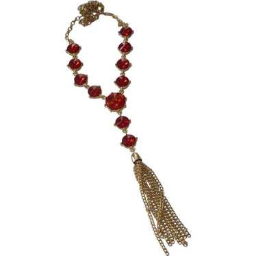 Red Glass Gold Tone Tassel Necklace - image 1