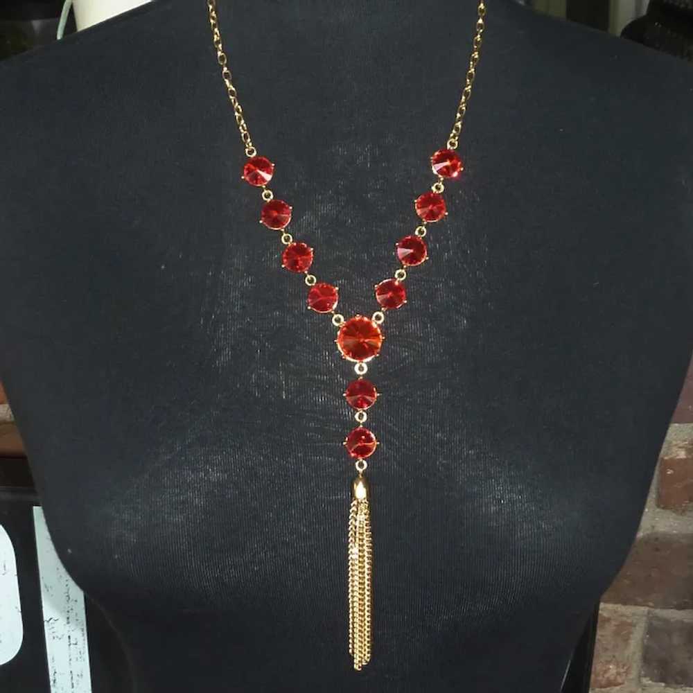 Red Glass Gold Tone Tassel Necklace - image 2