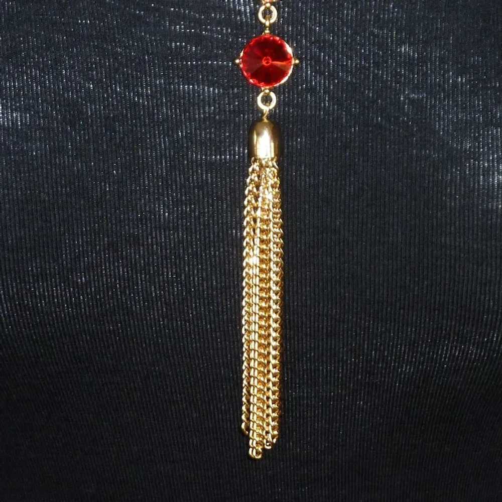 Red Glass Gold Tone Tassel Necklace - image 3