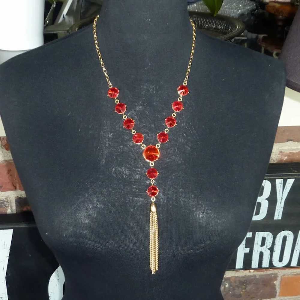 Red Glass Gold Tone Tassel Necklace - image 4