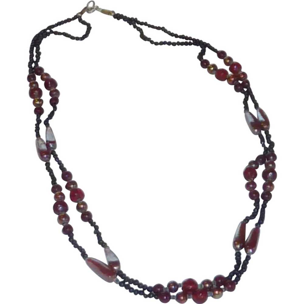 Black Two Strand Iridescent and Ruby Red Glass Be… - image 1