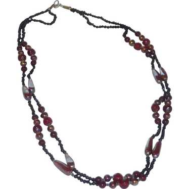 Black Two Strand Iridescent and Ruby Red Glass Be… - image 1