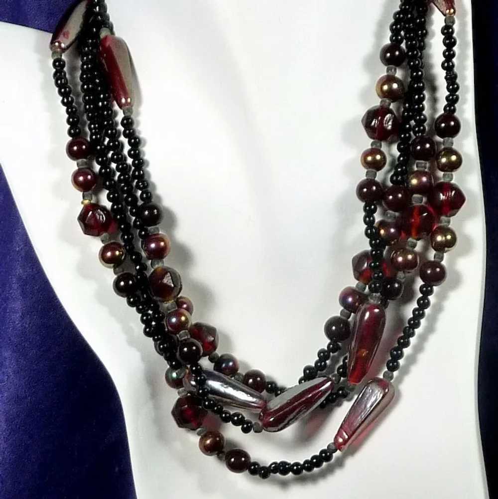 Black Two Strand Iridescent and Ruby Red Glass Be… - image 2