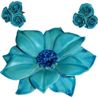 B E D Large Aqua Blue Enamel Pin and Matching Earr