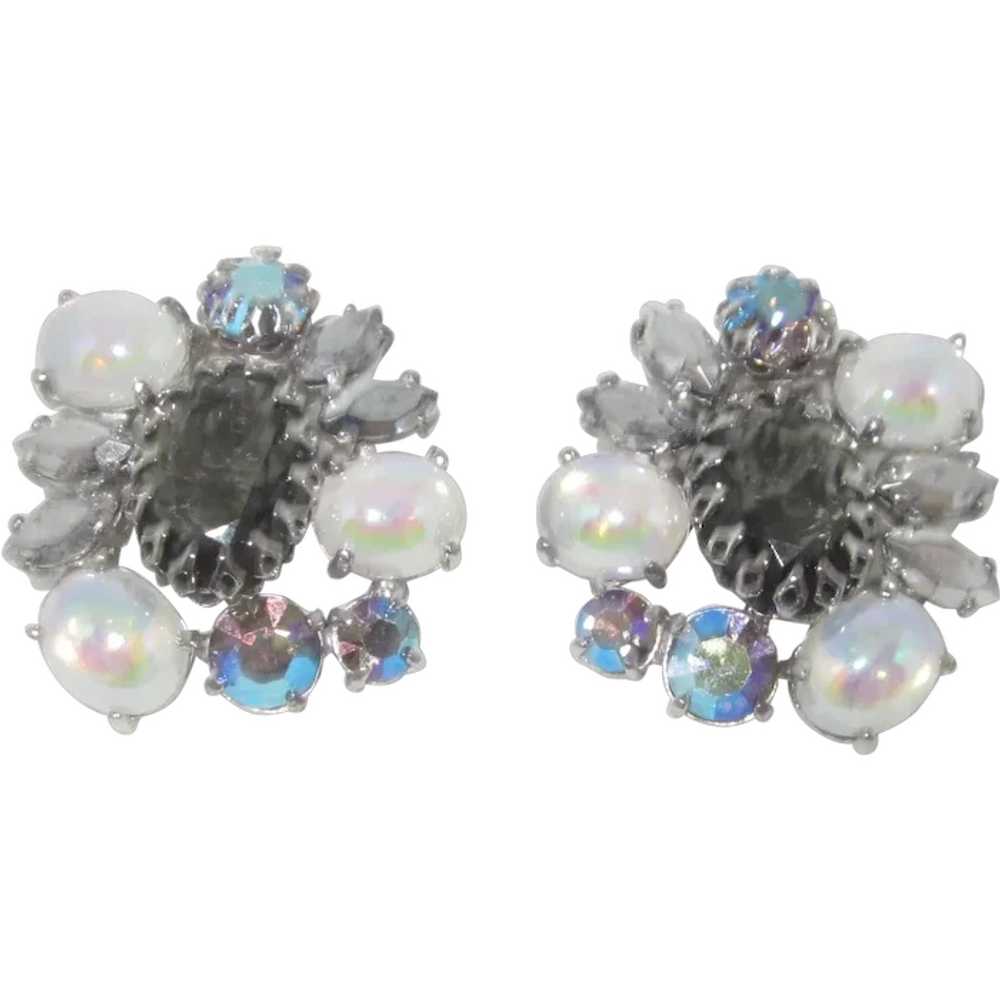 SCHIAPARELLI Faux Moonstone and Rhinestone Earrin… - image 1