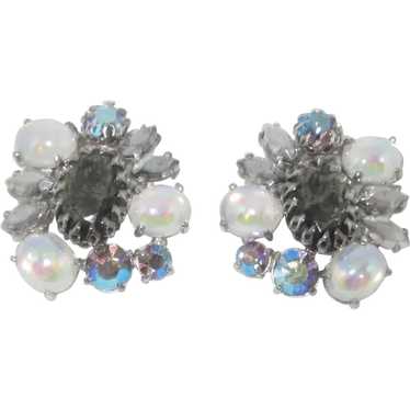 SCHIAPARELLI Faux Moonstone and Rhinestone Earrin… - image 1